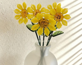 Figura de girasol de vidrio amarillo, linda flor de nacimiento de vidrio, decoración bohemia para el hogar, arte en vidrio, regalo de graduación para ella, regalo de cumpleaños único para mamá