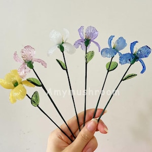 Purple Iris Glass Flower with Stem, Blue Glass Iris Figurine, Unique Glass Art Flower, Boho Home Decor,  Birthday Gift for Mom, her, wife