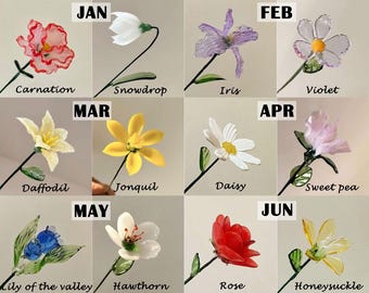 Glass Birth Flower (Jan to Dec), Glass Carnation, Iris, Daffodil,Daisy, Lily, Larkspur,Aster,Poppy, Handmade Birthday Gift for Her, Wife