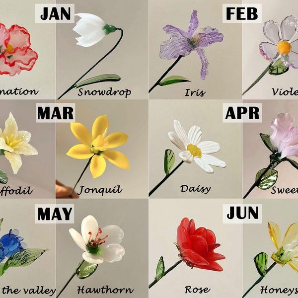 Glass Birth Flower (Jan to Dec), Glass Carnation, Iris, Daffodil,Daisy, Lily, Larkspur,Aster,Poppy, Handmade Birthday Gift for Her, Wife