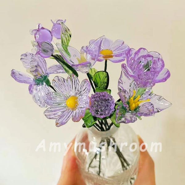 Purple Glass Flower with Stems, Aster, Lily, Iris, Cosmos, Glass Flowers Sculpture,Custom Flower Figurine,Table Decor,Birthday Gift for Her