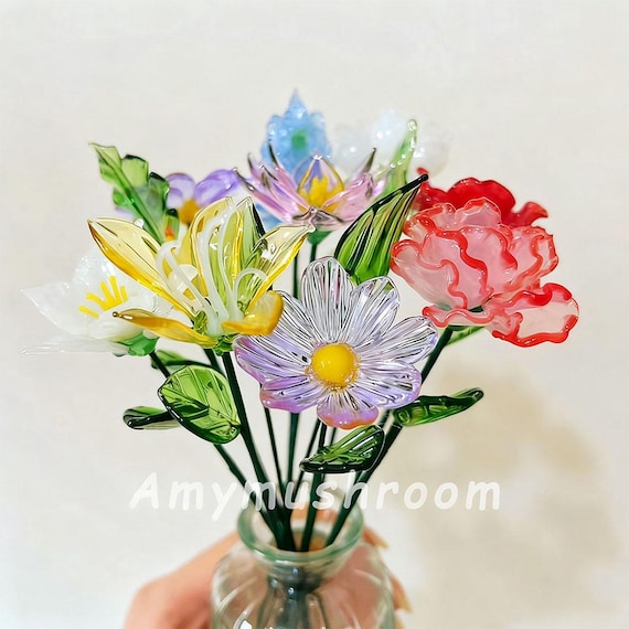 Glass Birth Month Flowers, Handmade Glass Birth Flowers, Rose, Carnation, Iris, Daffodil,Daisy, Larkspur, Poppy, Unique Valentine's Day Gift
