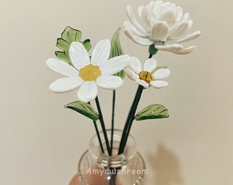 Marguerite en verre blanc de différentes formes, figurines en verre de chrysanthèmes mignons, fleur en verre personnalisée, décoration d'intérieur, cadeau pour maman, femme, petite amie