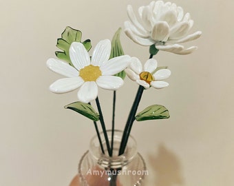 Handmade White Glass Daisy Figurine: Custom Chrysanthemum Flower Decor