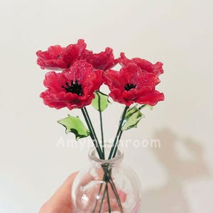 Glass Red Poppy with Stem and leaf, Unique Glass Flower, Glass Birth Flower, Aesthetic Home Decor, August Birthday Gift for Mom
