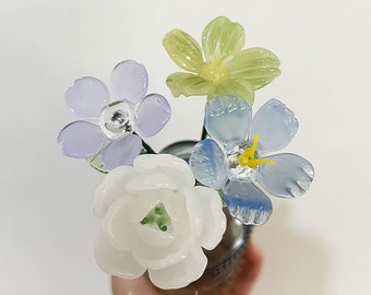 White Glass Jasmine, Blue Glass Larkspur, Green Glass Eranthis, Cute Flower Figurine, Custom Flower Statue, Personalized Gift for Her