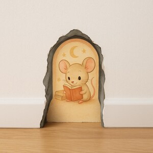 Pegatina de ratón leyendo un libro con acuarela bohemia / Calcomanía de pared con agujero de ratón / Decoración personalizada para habitación infantil