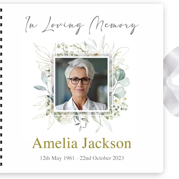 Personalised Photo Funeral Condolence Floral Memory Book of Life - Memorial Guest Book Hardcover 20 cm x 20 cm  (Classic Floral Design)