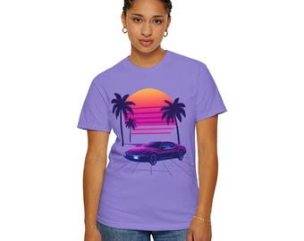 Retro Sunset Palm Trees with Sports Car T-shirt | Vaporwave 80s Aesthetic