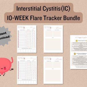 May include: A printable 10-week flare tracker bundle for interstitial cystitis (IC) with a trigger food guide. The bundle includes four printable pages with a cartoon bladder illustration.
