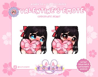 Cute Valentines Day Twitch Emote, Chocolate Heart love, Kawaii Chibi Anime Black hair Gamer Girl | Premade Discord Youtube Kick Stream Emoji