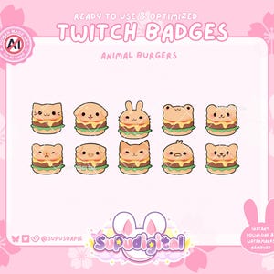May include: A set of ten digital Twitch badges featuring animal-themed burger illustrations. Each badge depicts a different animal face, including a cat, dog, rabbit, frog, and bear, styled as a burger with a patty, cheese, and lettuce on a bun.