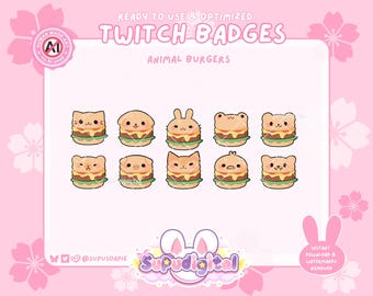 Twitch Sub Bit Badges PNG, Kawaii Animal Burger Icons, Funny Food Badge Set Streamers