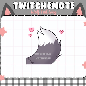 Puede incluir: Una cola de lobo gris y blanca moviéndose con tres corazones rosas encima. El texto "Twitch Emote Wolf Tail Wag" está en la parte superior de la imagen.