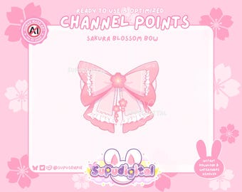 Pastel Pink Sakura Bow Channel Points Icon, Cute Girly Channel Point Redeem, Cherry Blossom Flower Twitch Badge Emote, Discord Sticker Emoji