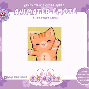 Op de afbeelding: Een geanimeerde emote met een cartoon oranje tabby kat die zwaait met een glimlach. De tekst "KITTY PARTY DANCE" staat boven de kat. De afbeelding is omgeven door een paars bloemenontwerp en de tekst "READY TO USE & OPTIMIZED".