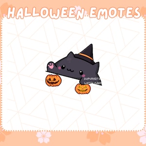 Può includere: Un'illustrazione digitale di un gatto nero che indossa un cappello da strega con una fascia arancione, che tiene in mano due piccole zucche arancioni. Il testo HALLOWEEN EMOTES è visualizzato in alto su uno sfondo pesca con fiori bianchi.