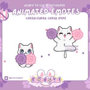 GEANIMEERDE Twitch-emote White Cat Cheer Hype Vier schattig pastelroze | Discord-sticker, kick-emoji voor streamer