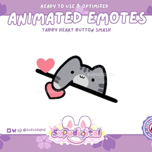 Könnte beinhalten: Eine digitale Grafik mit einer grauen getigerten Katze mit schwarzer Umrandung, die einen schwarzen Knopf drückt, umgeben von zwei rosa Herzen. Der Text lautet READY TO USE & OPTIMIZED ANIMATED EMOTES TABBY HEART BUTTON SMASH.