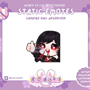 May include: A digital illustration of a cartoon vampire girl with black hair and red eyes. She is wearing a black and red outfit and has a nosebleed. The image is labeled "Static Emotes: Vampire Girl Nosebleed".