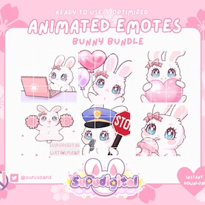 Lindo conejito de Twitch, emoticono de Twitch ANIMADO, paquete de emoticonos grandes, suave en rosa pastel/Discord, GIF de YouTube, emoji de patada para transmisión