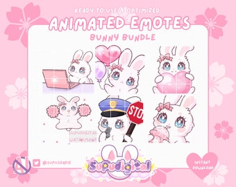 May include: A set of animated bunny emotes for online use. The emotes feature a white bunny with pink accents and blue eyes in various poses, including holding a heart, a laptop, and a stop sign. The emotes are ready to use and optimized for instant download.