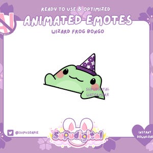 May include: Animated emote of a green frog wearing a purple and white wizard hat. The frog is smiling and has a pink blush on its cheeks. The emote is set against a white background with a purple border.