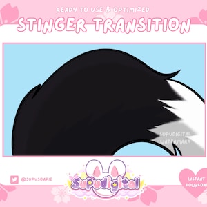 May include: A black and white animated stinger transition with a pink background and the text "STINGER TRANSITION" in white. The text "SUPUDIGITAL WATERMARK" is in white on a black background.