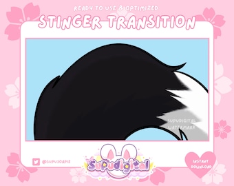 May include: A black and white animated stinger transition with a pink background and the text "STINGER TRANSITION" in white. The text "SUPUDIGITAL WATERMARK" is in white on a black background.