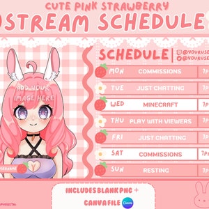 Cute Strawberry Stream Schedule, Live Stream Template, Twitch Schedule Template, Canva Template, Kawaii Aesthetic | For Streamers & Vtubers