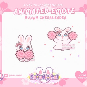 May include: Animated emote of a white bunny wearing a pink bow and holding pink pom-poms. The bunny is smiling and has blue eyes. The background is pink with white flowers.