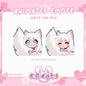 May include: Animated emote of a white fox with a fluffy tail hugging itself. The emote is in a cartoon style with large eyes and a smiling expression. The text "READY TO USE & OPTIMIZED" and "ANIMATED EMOTE" is at the top of the image. The text "WHITE TAIL HUG" is below the emote. The text "INCLUDES 2 STATIC VERSIONS" is below the emote. The text "@SUPUSOAPIE" is in the lower left corner of the image. The text "SuPudigital" is in the lower center of the image. The text "INSTANT DOWNLOAD" is in the lower right corner of the image.