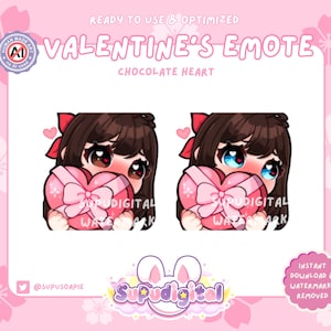 Può includere: Emote digitale di San Valentino con un personaggio dei cartoni animati con capelli castani e un fiocco rosso, che tiene in mano una scatola rosa a forma di cuore. Il testo recita "VALENTINE'S EMOTE" e "CHOCOLATE HEART". Sfondo rosa.