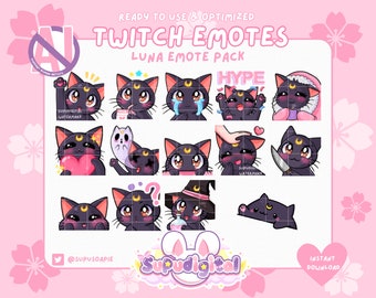 Lune Moon Cat Emotes Big Bundle with FREE animated bongo cat | Twitch Discord Youtube Streamer | black cat, magical girl