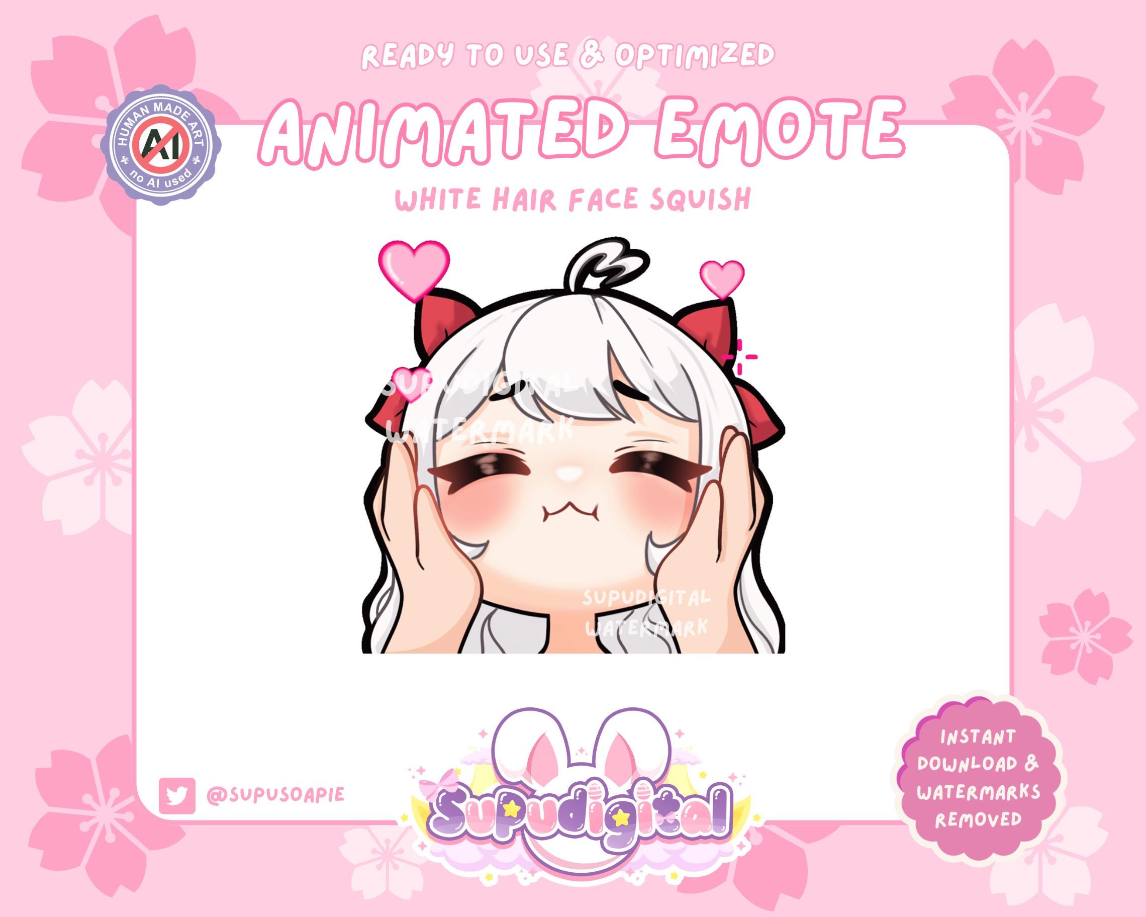 ANIMATED Chibi Anime Emote, Face Squish Emote, Valentines Day Emote, Kawaii White hair Gamer Girl | Discord Youtube Kick Streamer Emoji