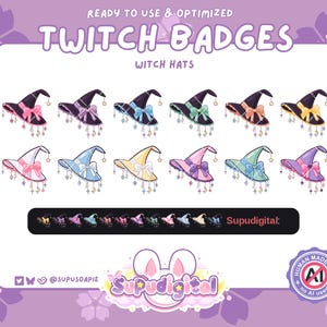 Puede incluir: Ilustración digital de insignias de Twitch con sombreros de bruja en varios colores, incluyendo rosa, morado, azul, verde y amarillo. Cada sombrero tiene un lazo y colgantes. El texto "TWITCH BADGES" y "WITCH HATS" es visible.