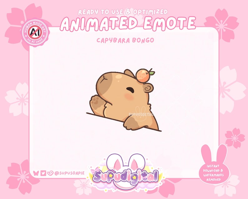 May include: Animated emote of a brown capybara with a peach on its head. The capybara is smiling and looking to the right. The background is pink with white cherry blossoms.