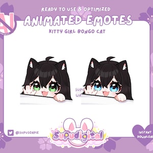 ANIMATED  Cute Kitty Cat Neko Girl Emote, Funny Kawaii Bongo Cat Dance Emote, Black Hair Girl | Discord Youtube Kick Streamer Vtuber Emoji