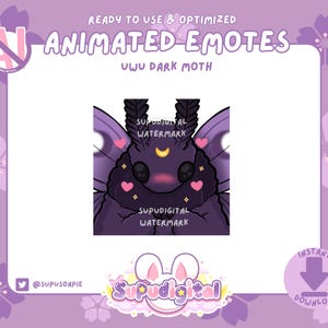 Leuke GEANIMEERDE Twitch-emote, Purple Luna Moth-emote, UWU Blush-emote, Chibi Kawaii, Discord-sticker, kick-emoji voor streamers, YouTube-GIF