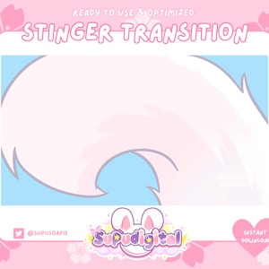 May include: A pink and blue animated transition with a white fluffy tail, the text "STINGER TRANSITION", and the text "@SUPUSOA PIE" and "SUPUDIGITAL" in the bottom left corner. The text "INSTANT DOWNLOAD" is in a pink heart in the bottom right corner.
