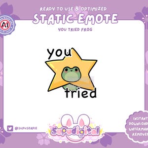 Könnte beinhalten: Ein gelber Stern mit einem grünen Frosch darin. Der Stern hat die Worte "you tried" darauf geschrieben. Das Bild ist ein statisches Emoji.