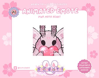 Emote de polilla animado para Twitch, tierno abrazo de corazón, sticker de Discord con estética rosa pastel kawaii, emoji de patada para streamers y vtubers.