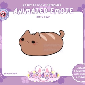 Puede incluir: Emoticono animado de un gato marrón con forma de hogaza de pan con una raya blanca en el medio. El emoticono se titula "Kitty Loaf".