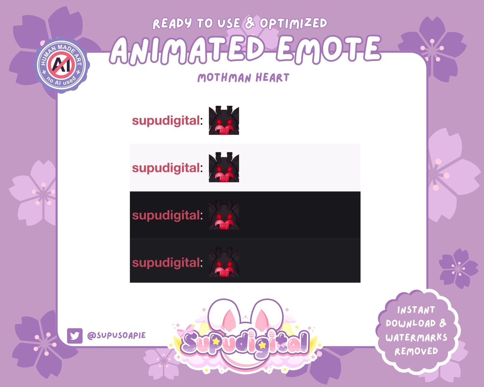 Mothman Twitch Animated Emote, Cryptid Horror Moth Heart Hug Goth Emoji ...