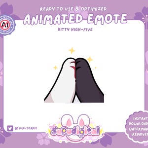 May include: Animated emote of two white kitty paws giving a high five. The paws are outlined in black and have pink claws. The background is a light purple with white stars.