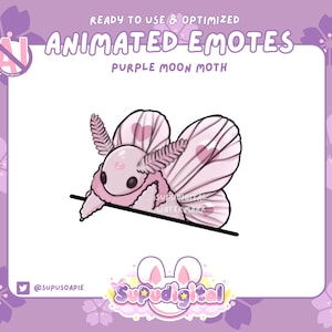 May include: Animated emote of a purple moon moth with pink wings and a heart design. The moth has a cute, cartoon-like face with large eyes and a small mouth. The emote is set against a light purple background with a white border.