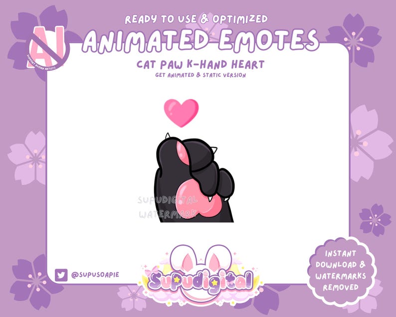 May include: Animated emote of a black cat paw making a heart shape with a pink heart above it. The emote is ready to use and optimized for digital use.