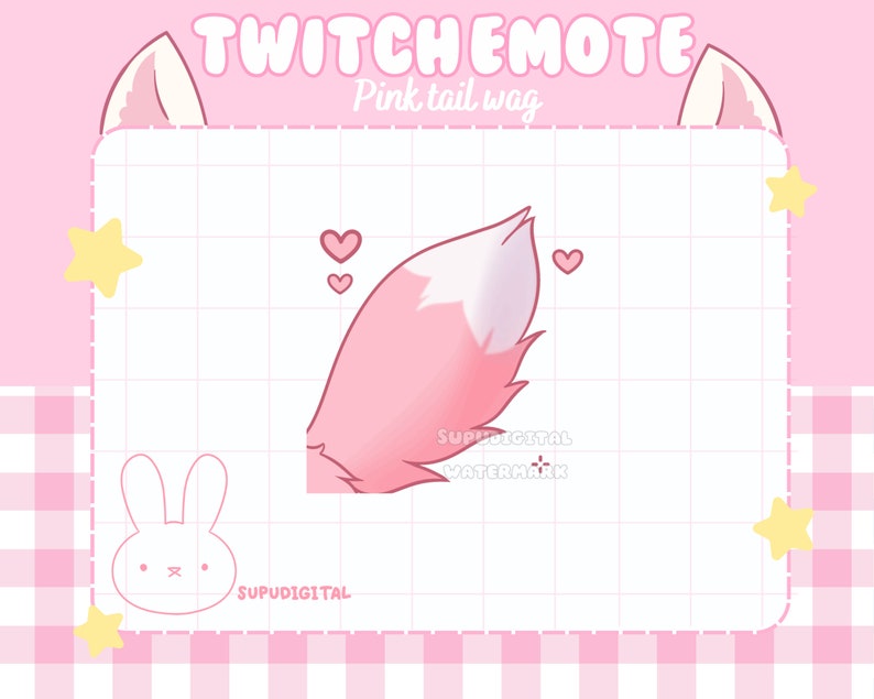 May include: Pink and white cartoon fox tail wagging with three pink hearts in the background. The text "Twitch Emote" and "Pink tail wag" are at the top of the image.