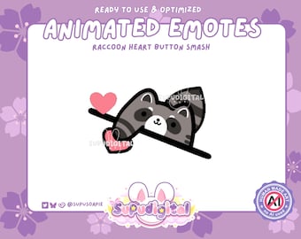 Emote animata del procione su Twitch, pulsante Cuore che si preme, emote Kawaii Chibi, emoji per streamer su Discord