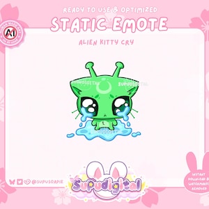 May include: A digital graphic of a green alien-cat hybrid crying, with large, sad eyes and tears. The image is labeled "STATIC EMOTE" and "ALIEN KITTY CRY". The background is pink with floral and bunny graphics.